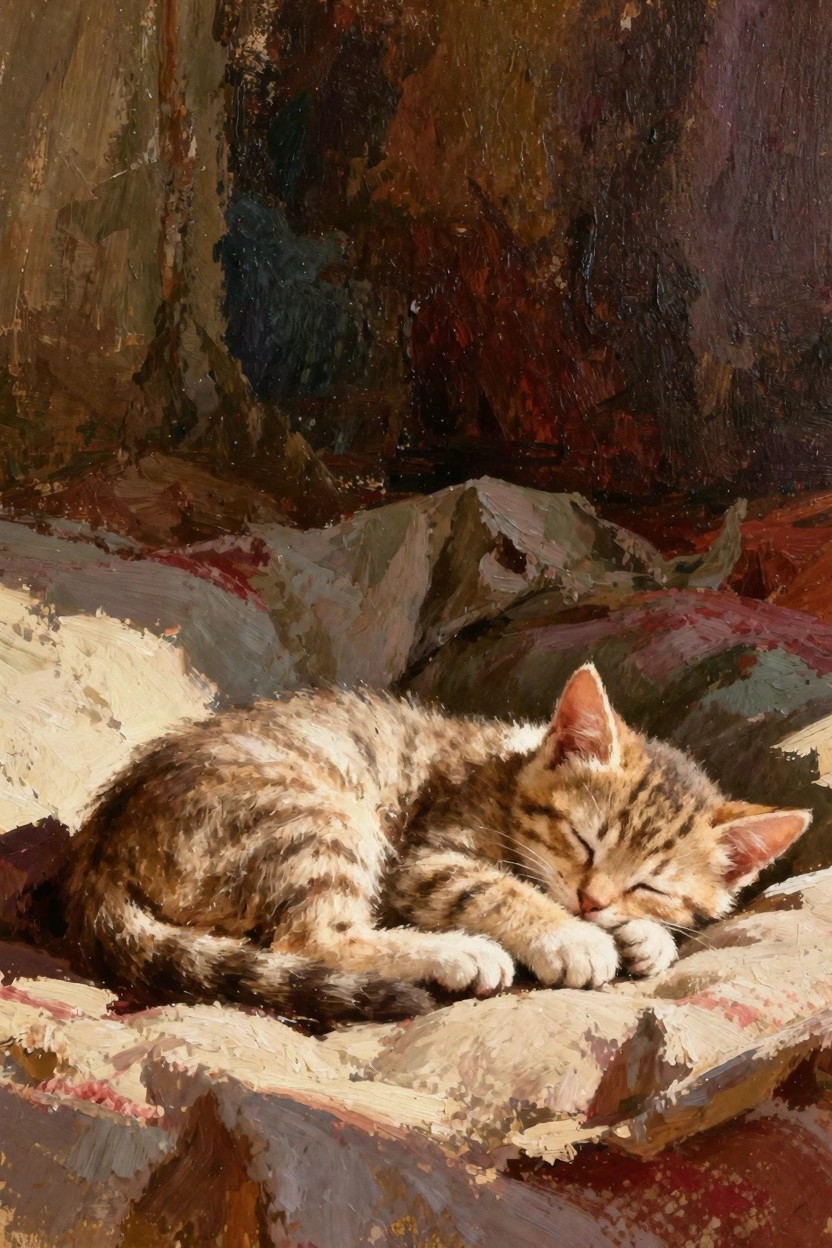 Oil painting of a curled sleeping tabby kitten on beige rumpled fabrics with warm earthy background tones.