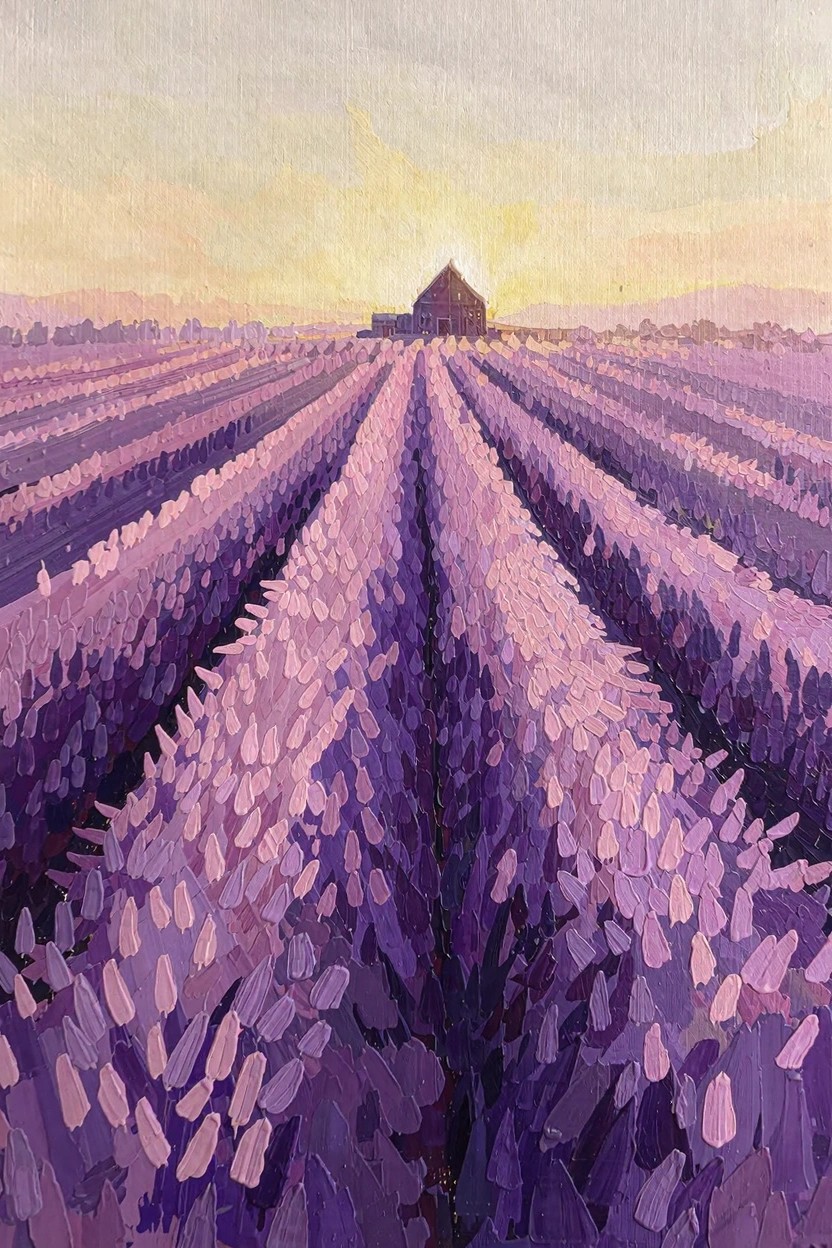 Oil painting of purple lavender rows leading to a barn silhouetted against a golden sunset sky over fields.