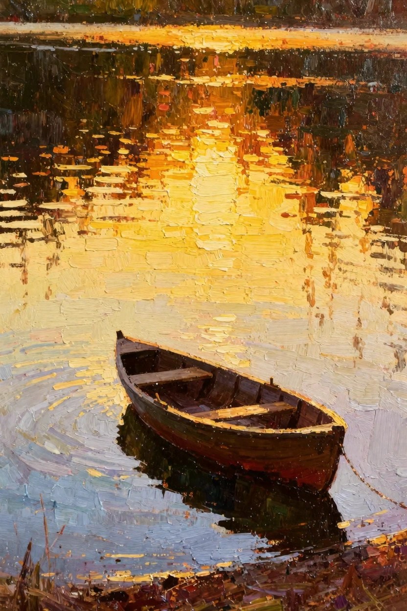 Oil painting of a wooden rowboat floating on a lake at sunset with golden reflections on the water and trees in the background.