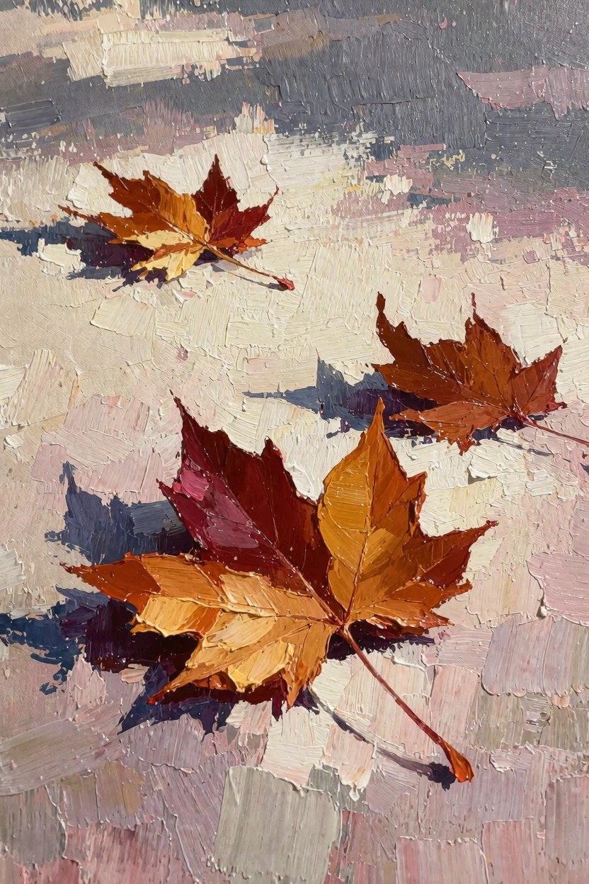 Oil painting of orange and red maple leaves scattered on a textured beige-gray ground with dark shadows, using thick impasto brushstrokes.