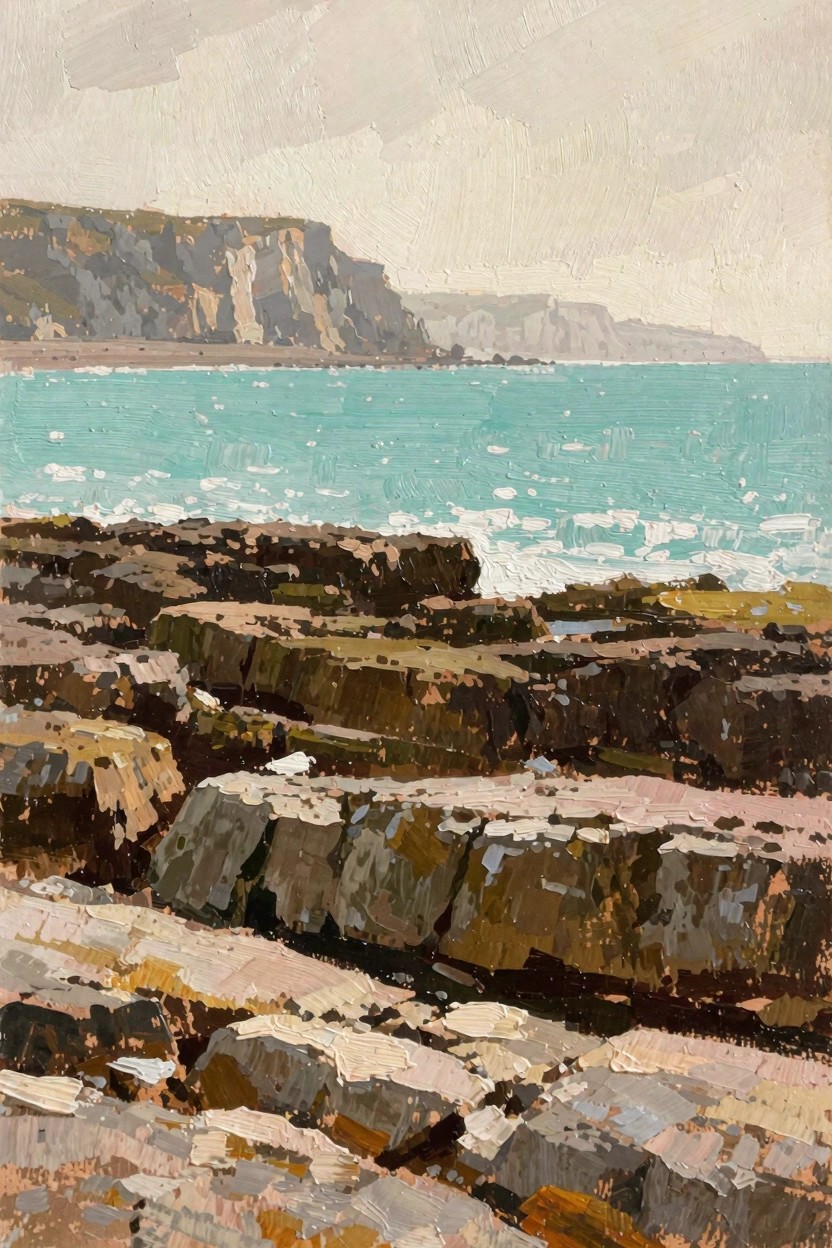 Oil painting of textured brown rocks in the foreground, turquoise sea with white waves, distant gray-green cliffs, and overcast sky.