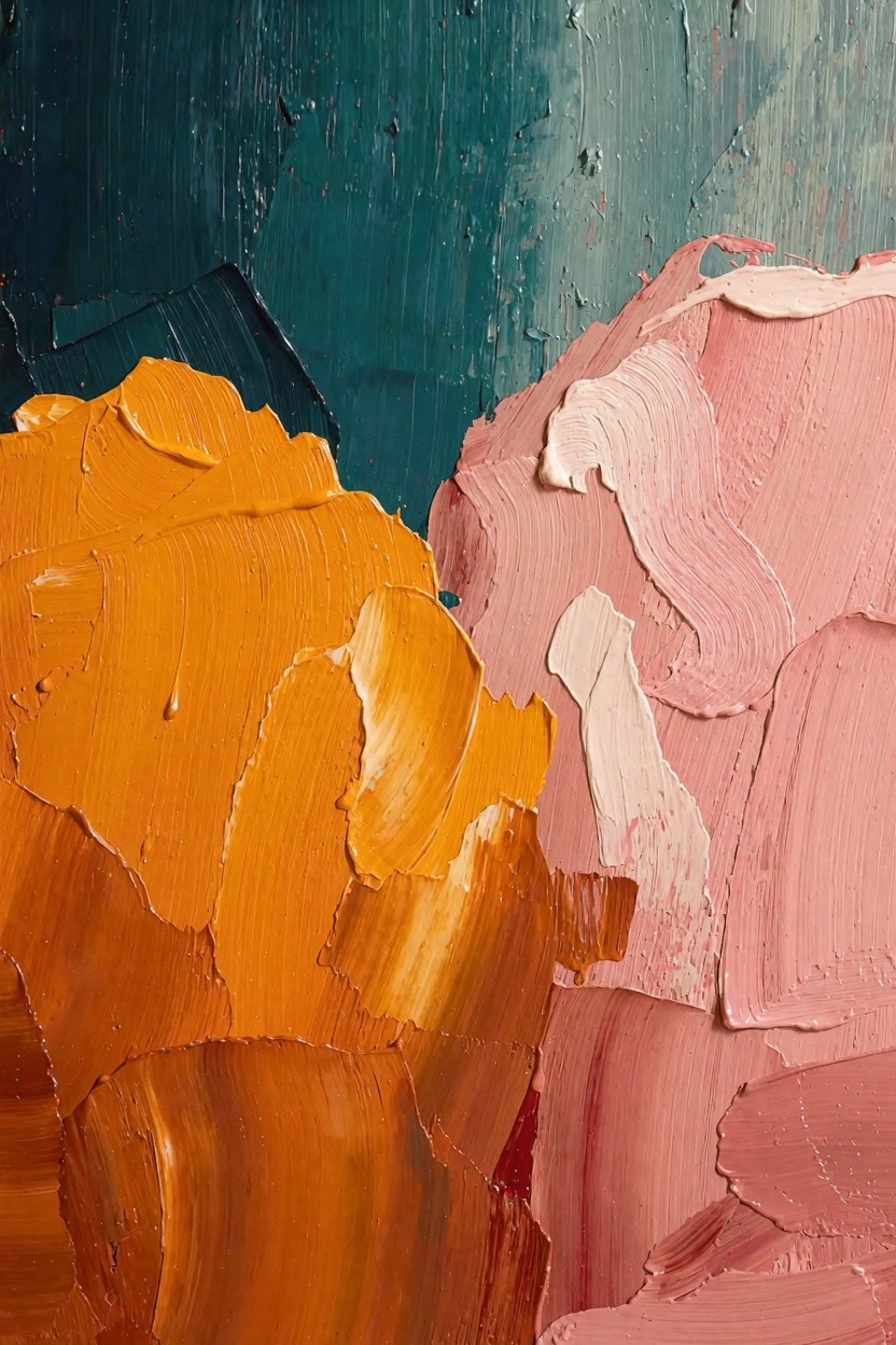 Abstract oil painting with teal background blending into textured orange, pink, and white areas using thick impasto strokes.