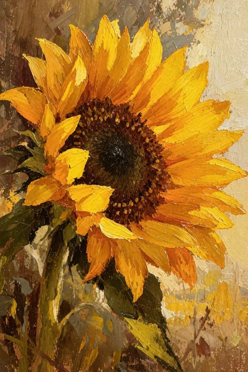Oil painting close-up of a sunflower with bright yellow petals, dark brown center, green stem and leaves against a textured beige background.