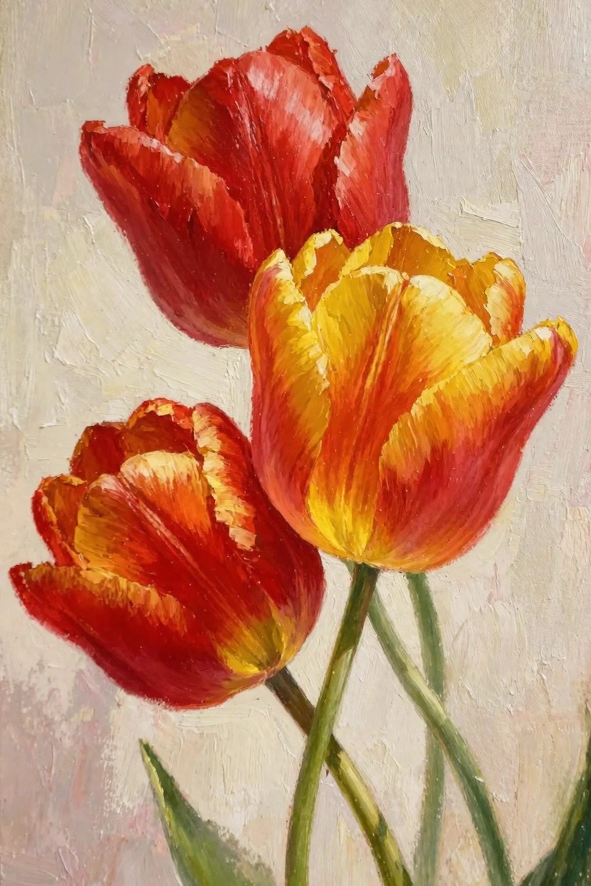 Oil painting of three tulips with red and yellow petals clustered on green stems against a light beige background.