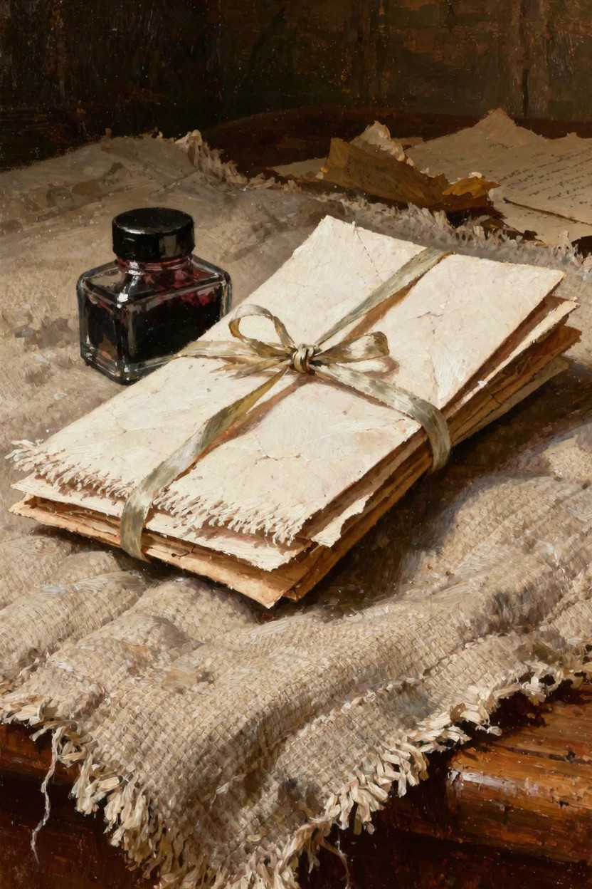 Stack of old beige letters tied with green ribbon next to glass ink bottle with red ink and loose papers on frayed burlap cloth over wooden surface in painterly oil style.