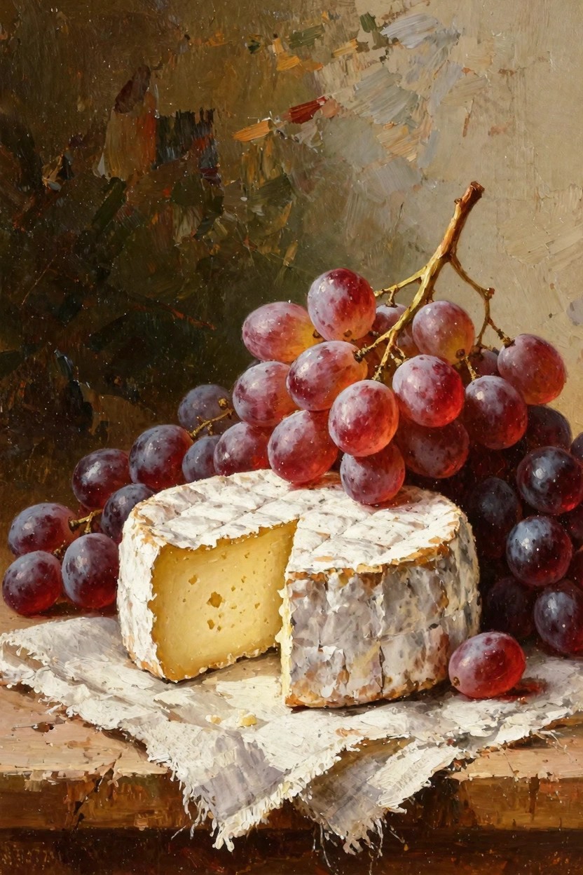 Oil painting of a cut-open wheel of white-rind cheese surrounded by red and purple grapes on a white cloth napkin over a wooden surface.