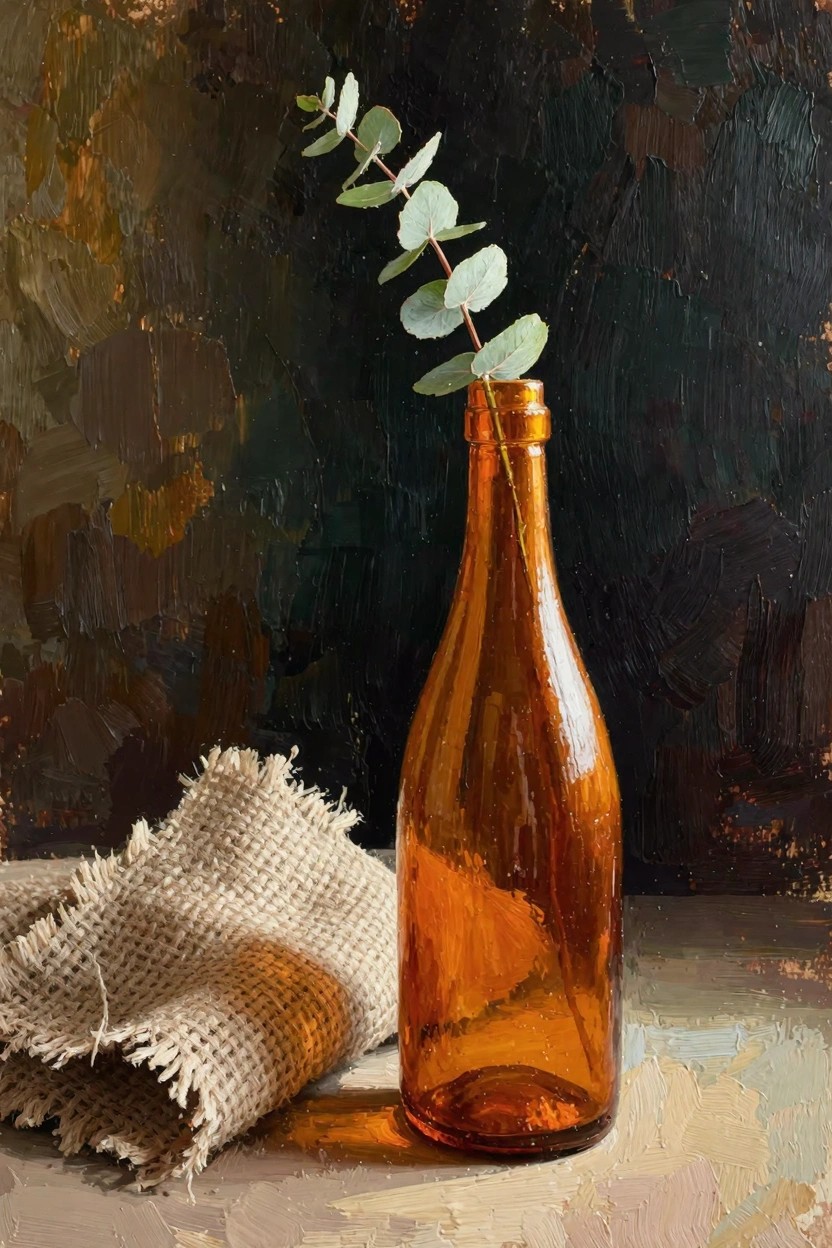 Oil painting of green eucalyptus leaves in an amber glass bottle next to folded burlap cloth on a surface with dark background.