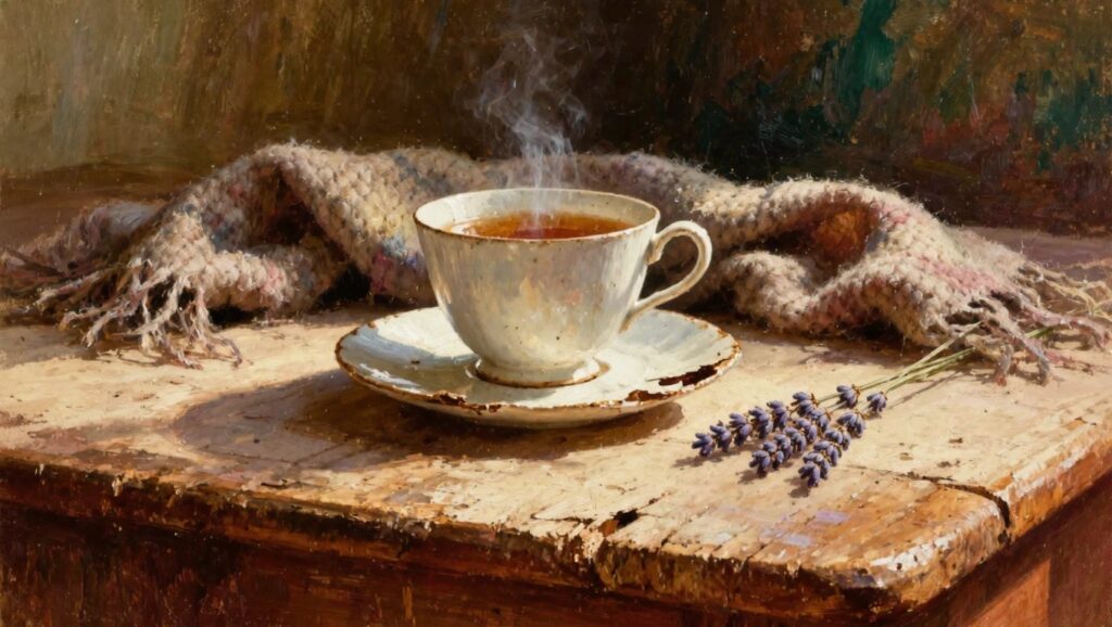 Oil painting of a white teacup with steaming brown tea on a saucer, next to purple lavender sprigs and a pinkish-gray knit scarf on a textured wooden table against a warm blurred background.