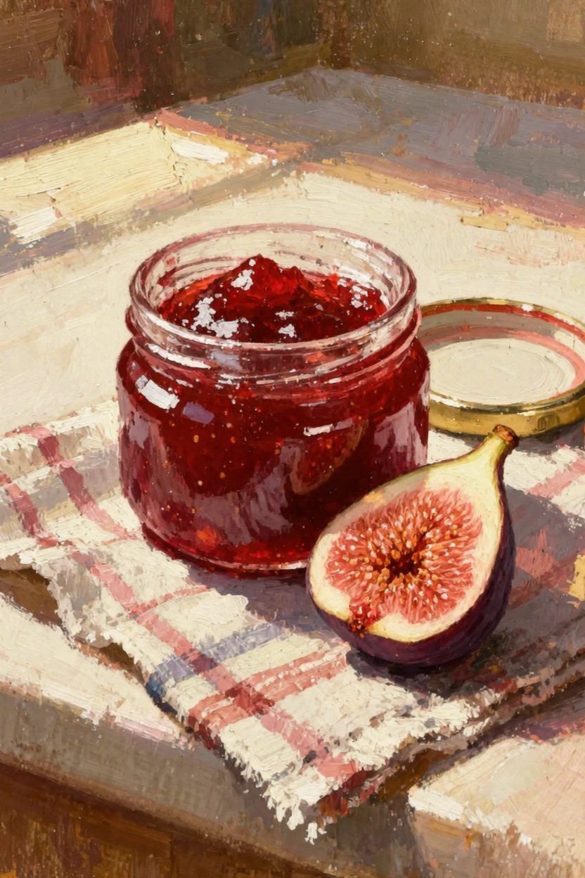 Oil painting of an open glass jar of red fig jam next to a halved purple fig on a red-and-white checkered cloth with a gold lid nearby.