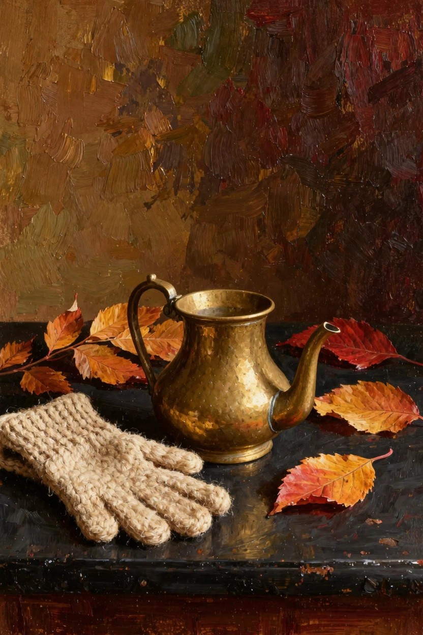 Oil painting of a brass teapot, scattered autumn leaves, and knit gloves on a dark table against a textured warm background.