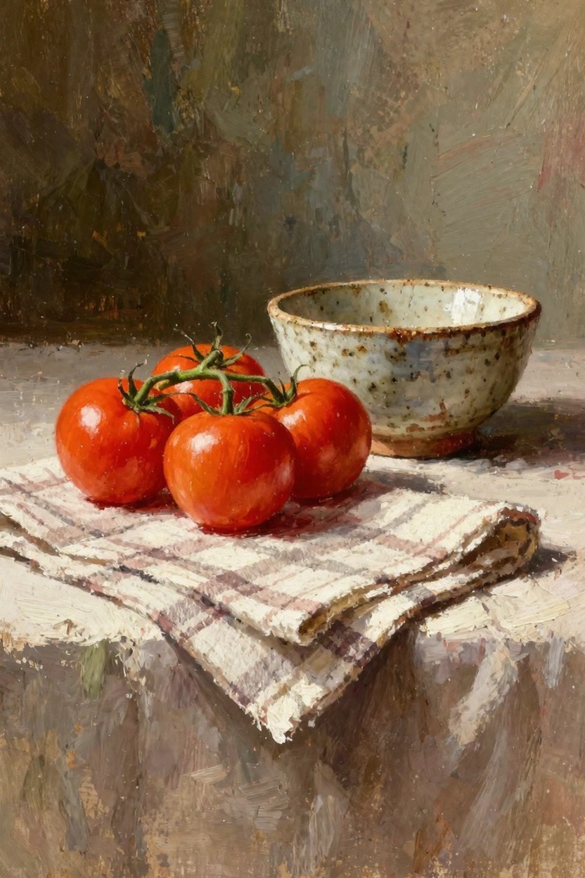 Oil painting of red tomatoes clustered on a checkered cloth next to an empty speckled bowl on a table.