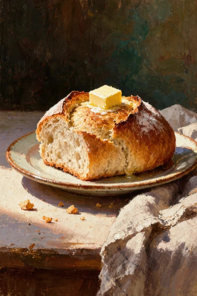 Oil painting of a sliced round bread loaf with melting butter pat on a plate, warm side light, cloth napkin, and dark green background.