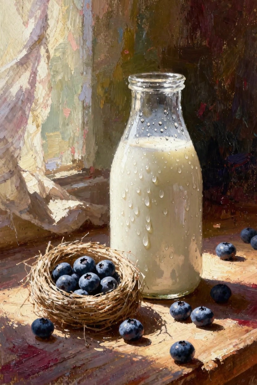 Oil painting of a dewy glass milk bottle beside a nest of blueberries on a wooden table with scattered berries and sunlight through curtains.