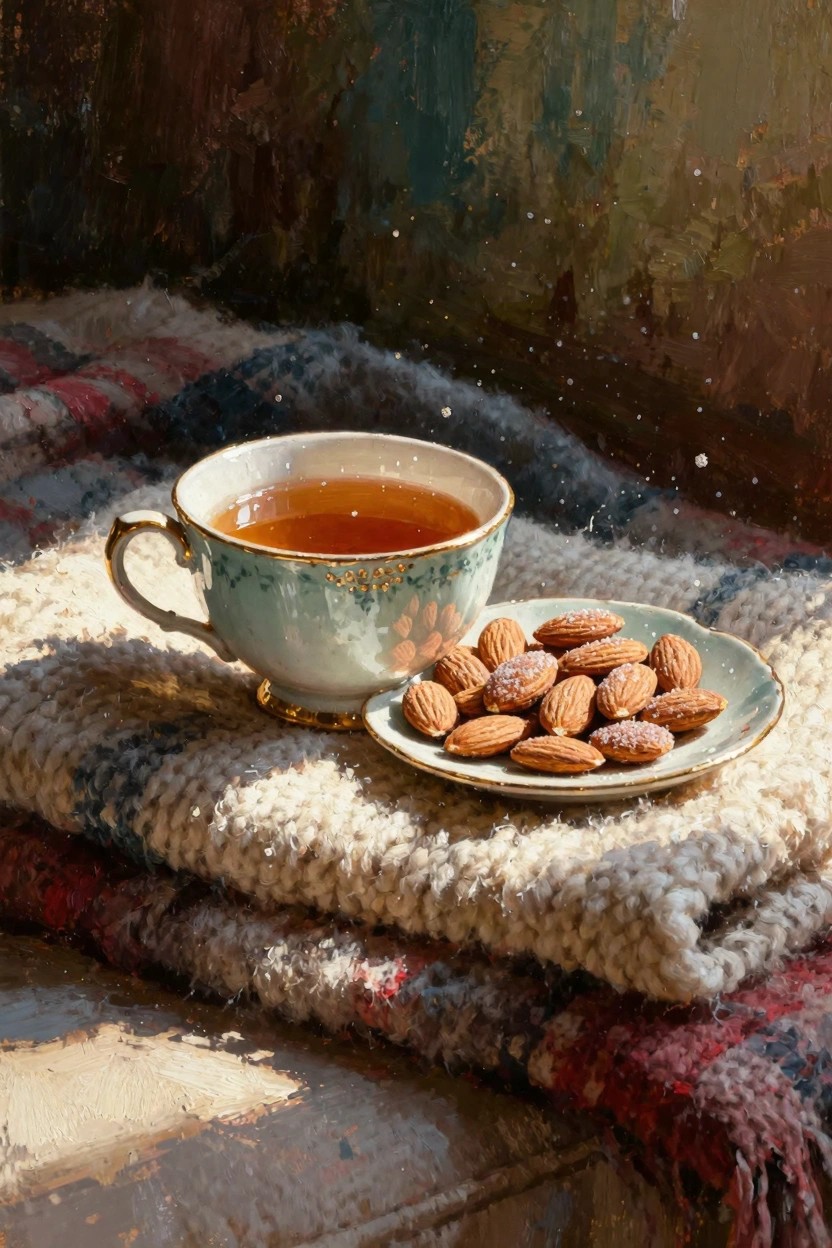 Still life oil painting of a teacup with tea and a plate of sugared almonds on a plaid woolen blanket in warm sunlight.