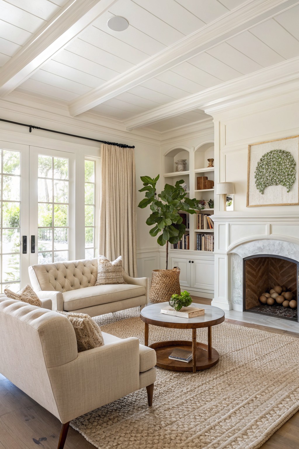 Living room with creamy white walls, white built-in cabinets around a marble fireplace, beige sofa, wood coffee table, and large windows with cream drapes