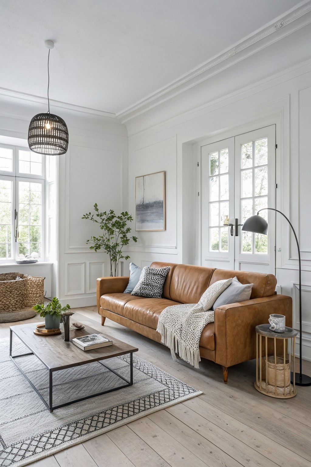 Living room with crisp white paneled walls, tan leather sofa, black metal coffee table, and large windows