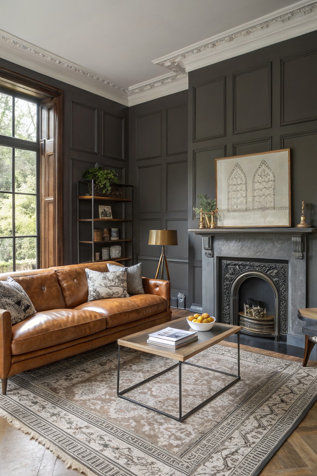 Living room with deep charcoal gray paneled walls, tan leather sofa by ornate fireplace, wood shelves, and black iron coffee table