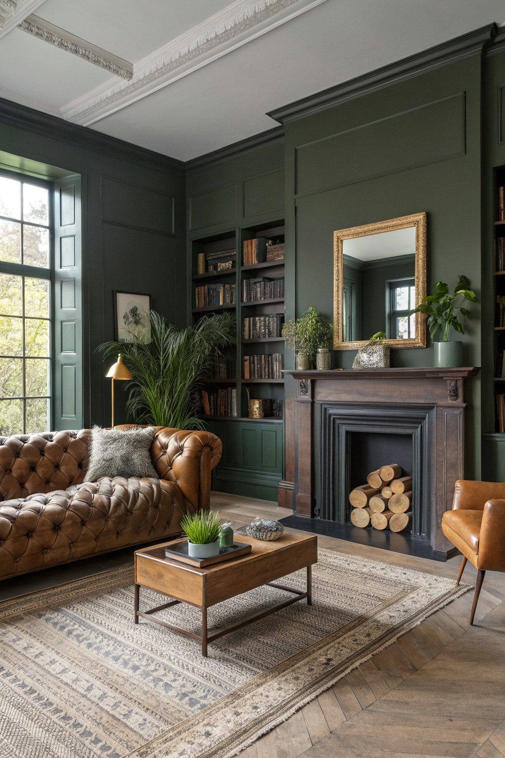 Living room with deep green paneled walls, tufted leather sofa, wood-burning fireplace, bookshelves, plants, and parquet floors