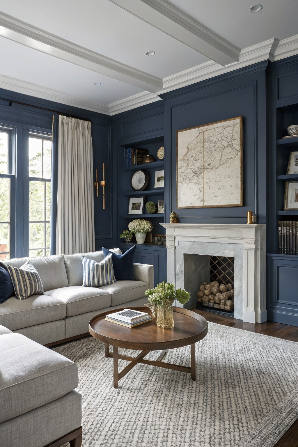 Living room featuring deep navy blue paneled walls, marble fireplace, light gray sofa, wood coffee table, and large windows with cream drapes