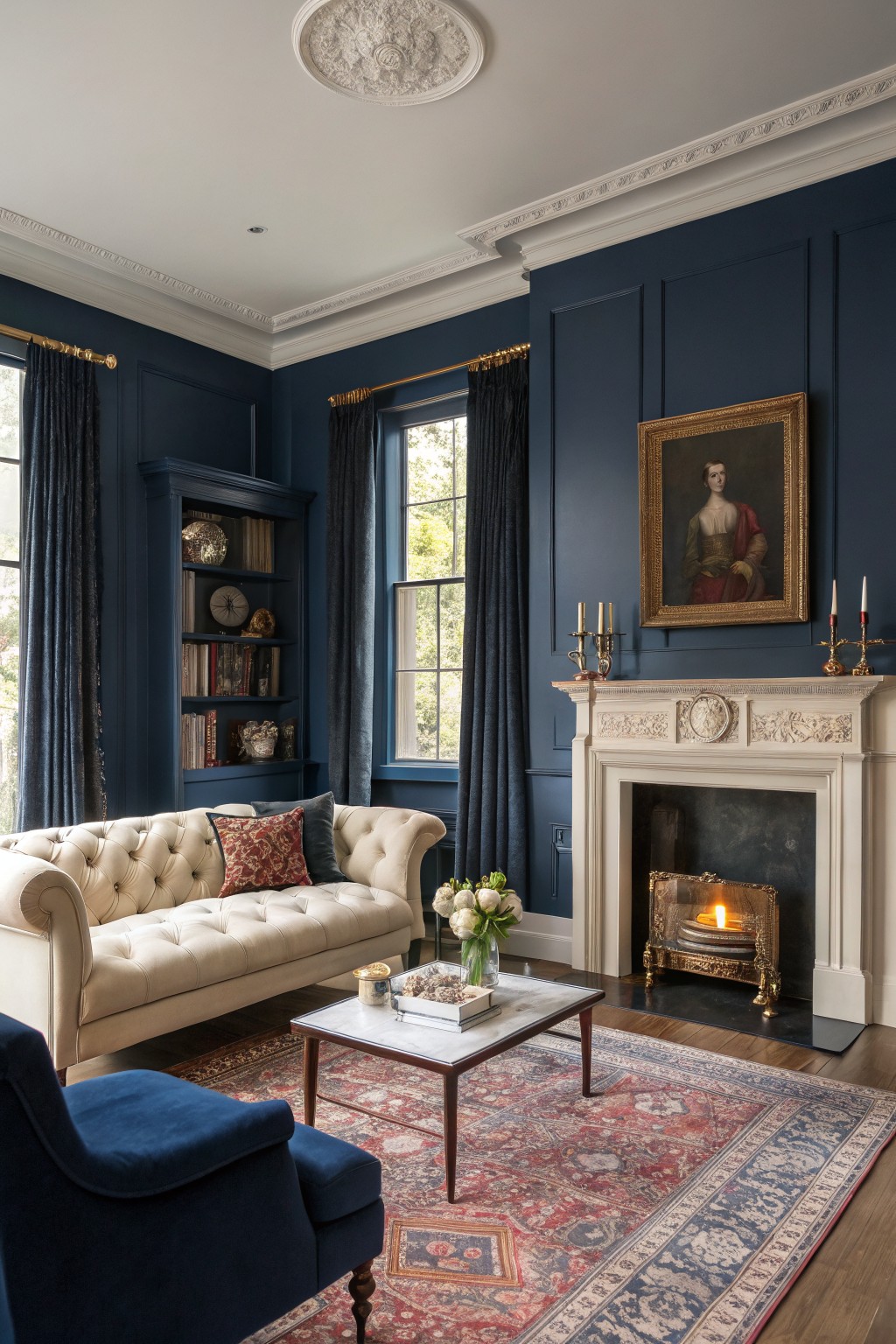 Living room with deep navy paneled walls, cream tufted sofa, marble fireplace with fire, velvet accent chair, and Persian rug