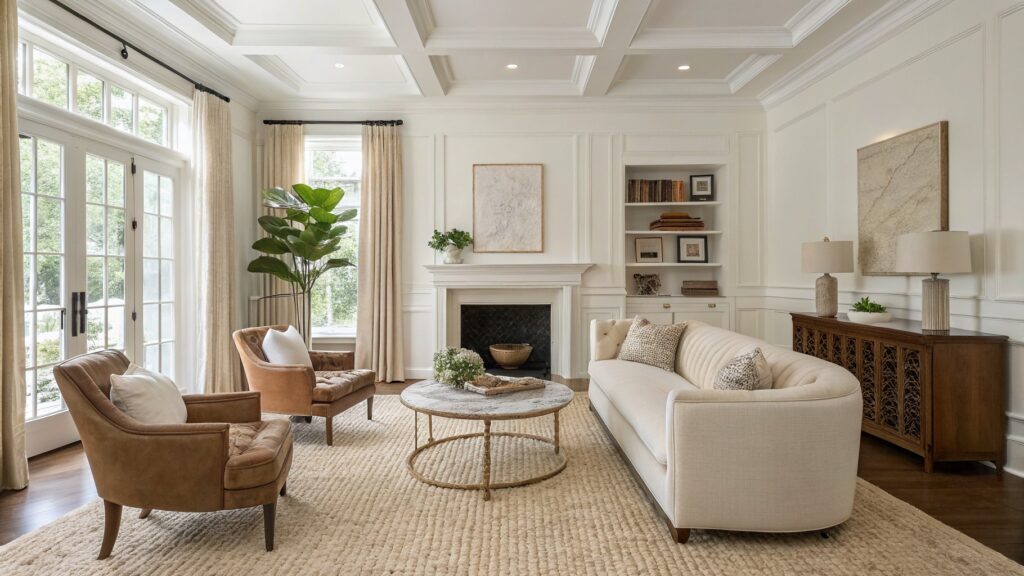 Living room with creamy white walls, white built-in cabinets around a marble fireplace, beige sofa, wood coffee table, and large windows with cream drapes