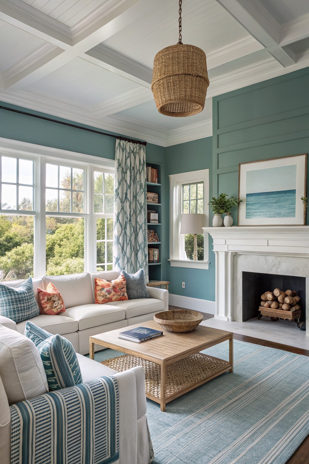 Living room with soft teal walls, white sofa, rattan coffee table, and marble fireplace