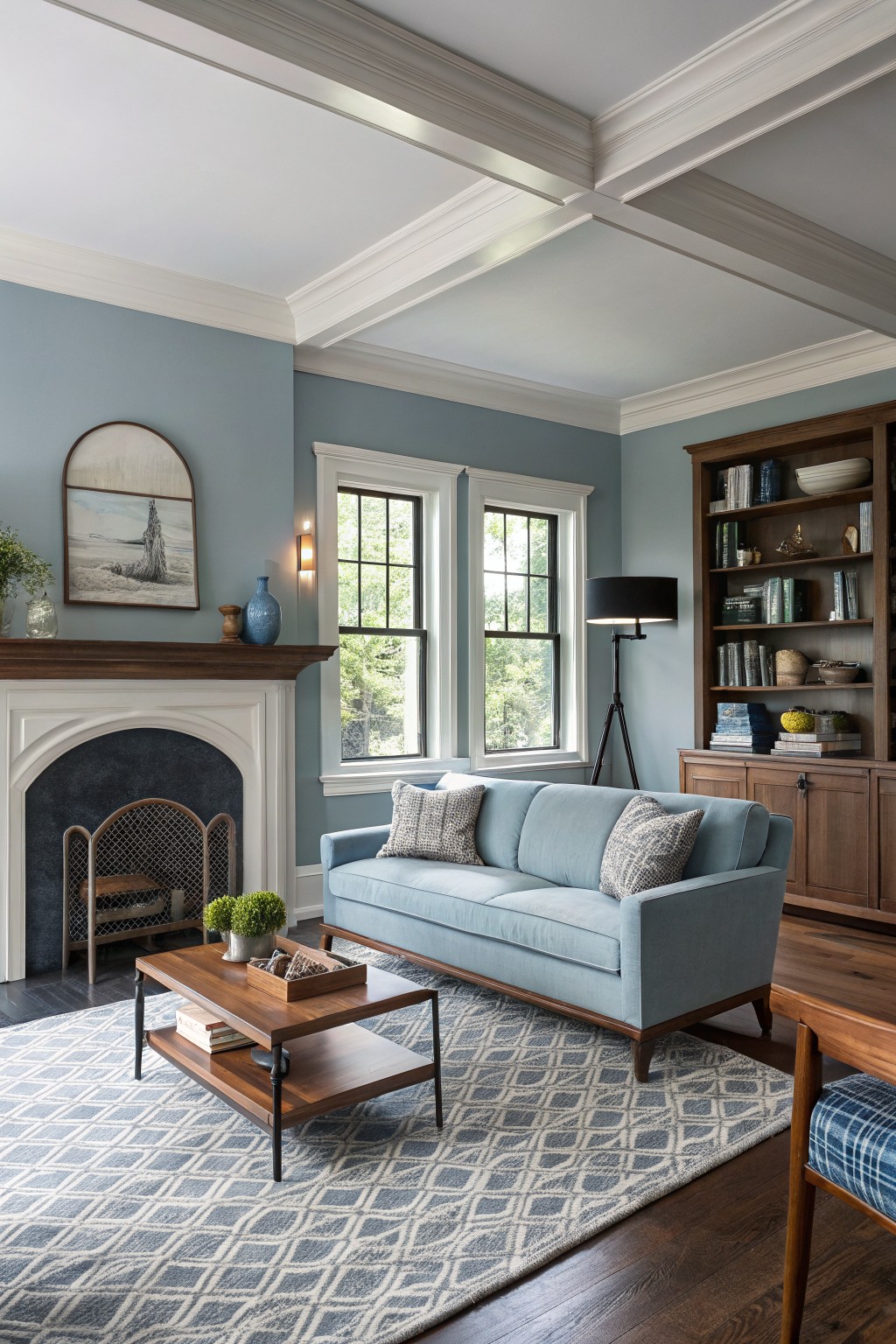 Living room with soft blue walls, white trim, wood furniture, blue sofa, and fireplace
