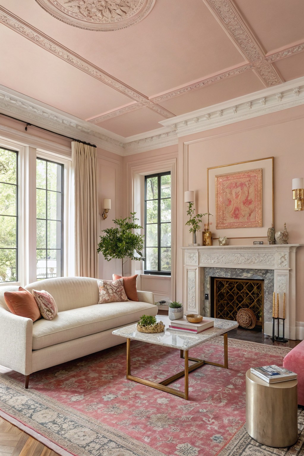 Living room with soft blush pink walls and ceiling, cream sofa, pink rug, gold accents, marble-top coffee table, and ornate white fireplace mantel