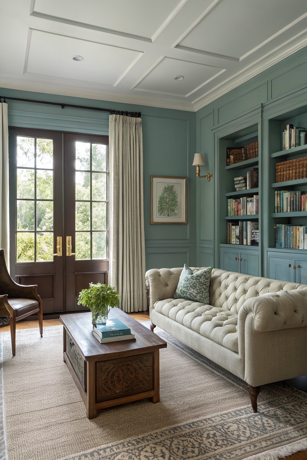 Cozy living room with soft teal paneled walls and built-in bookcases, cream tufted sofa, wooden coffee table, and French doors to the garden