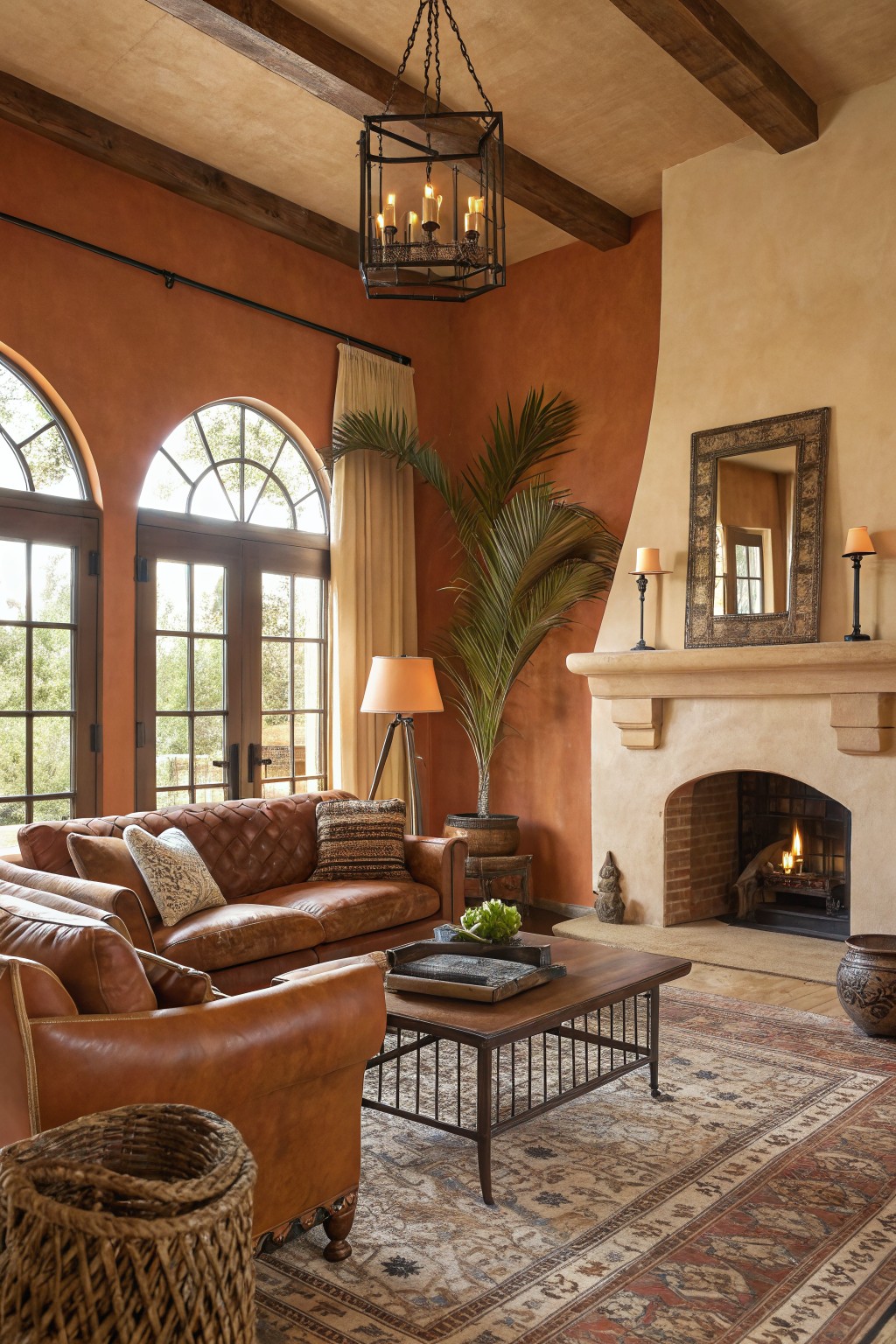 Cozy living room featuring warm terracotta stucco walls, brown leather seating, wood-beamed ceiling, and a stone fireplace with arched windows