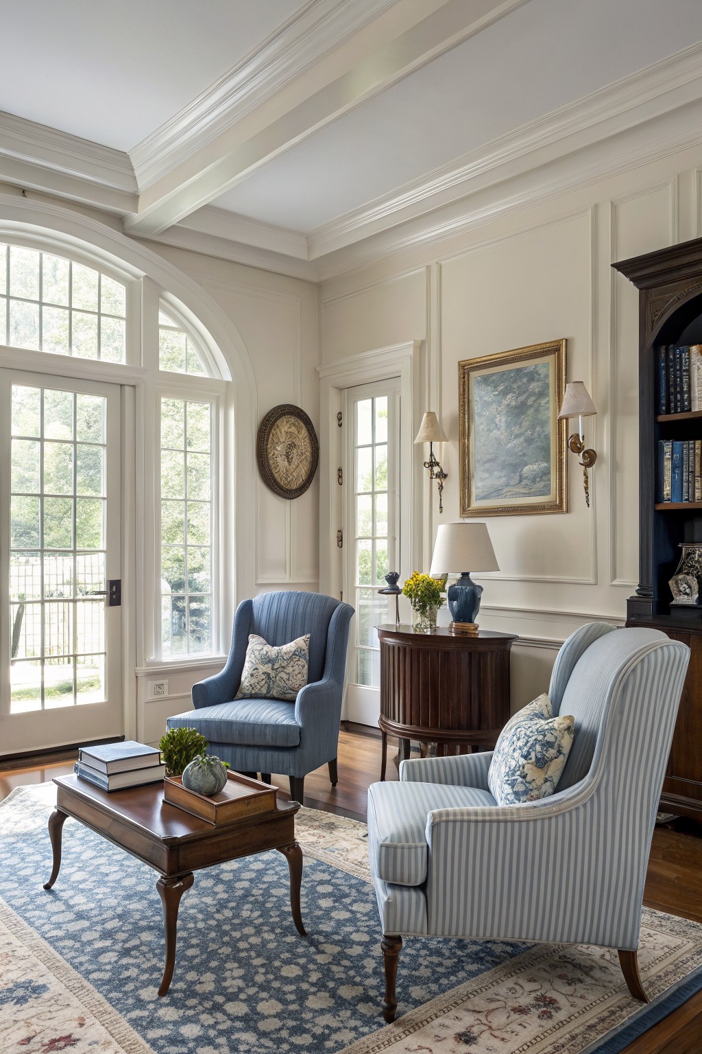 Elegant living room with creamy white paneled walls, blue wingback chairs, wood furniture, and large windows overlooking greenery