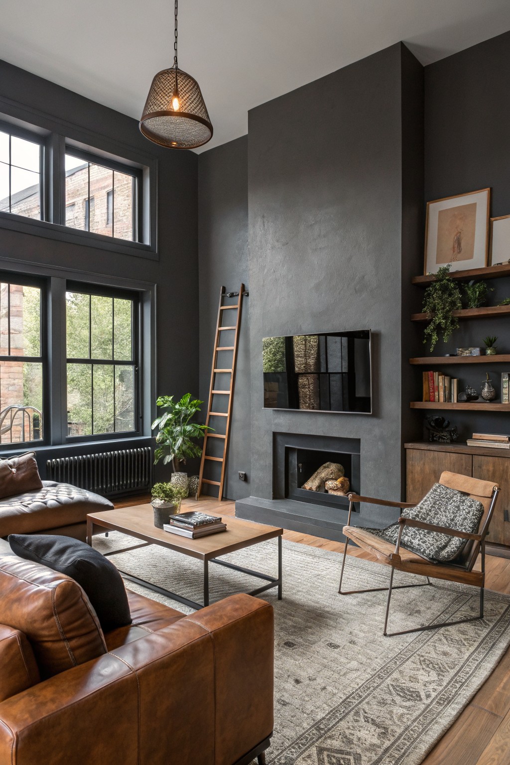 Living room with deep charcoal gray textured walls, wood ladder by fireplace, leather sofa, wooden furniture, plants, and large windows overlooking trees