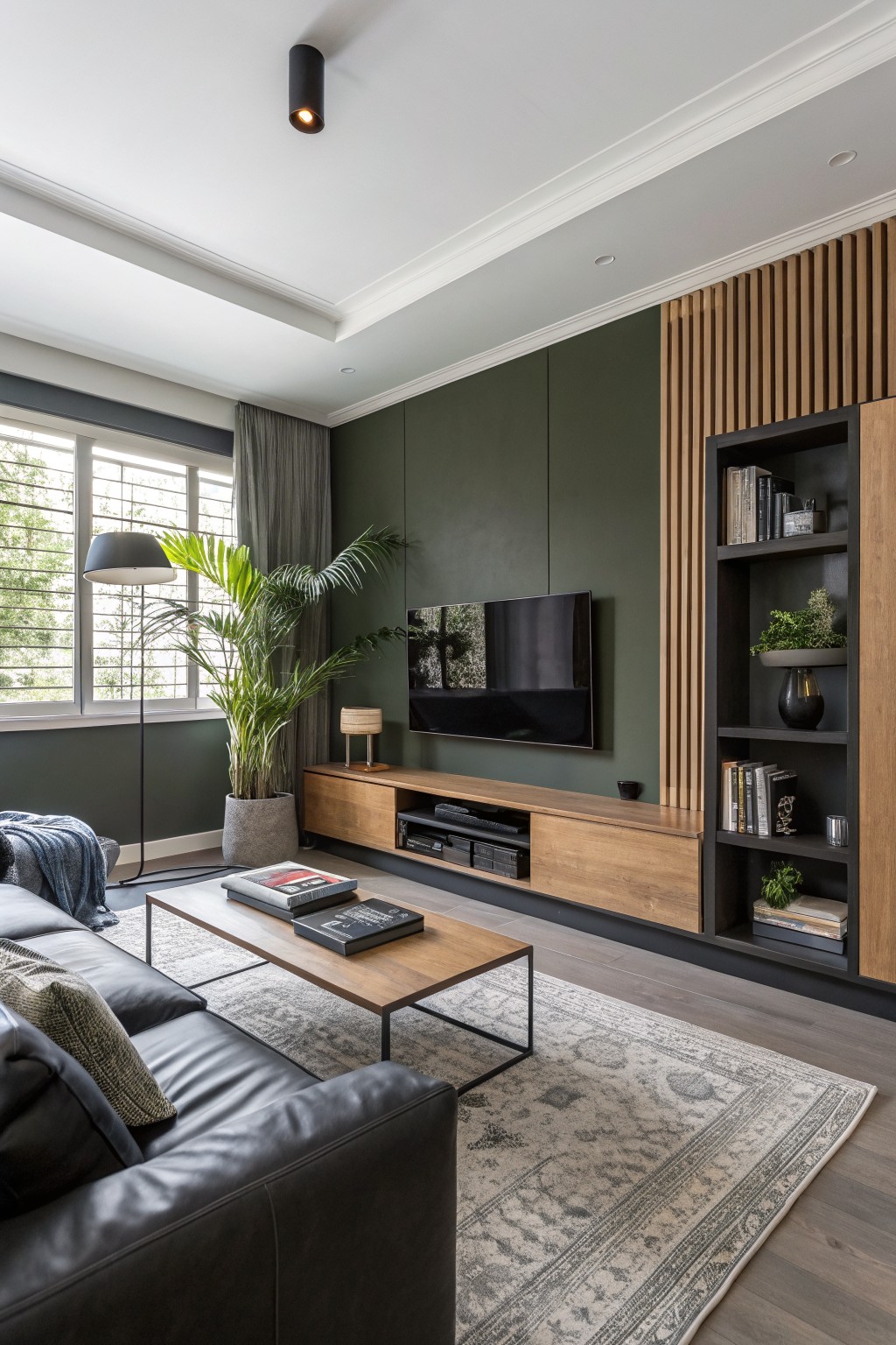 Living room featuring a deep green painted accent wall with wood slats, mounted TV, oak media console, black leather sofa, and potted plants near large windows