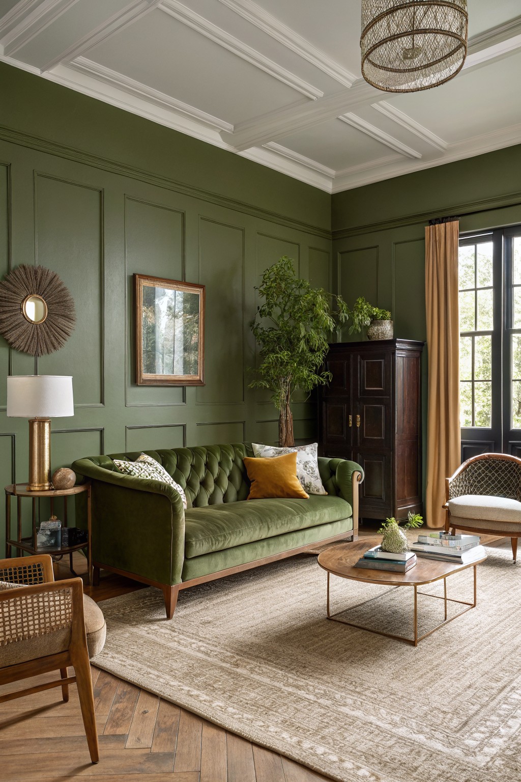 Living room with deep green paneled walls, green velvet sofa, wooden floors, plants, and brass accents