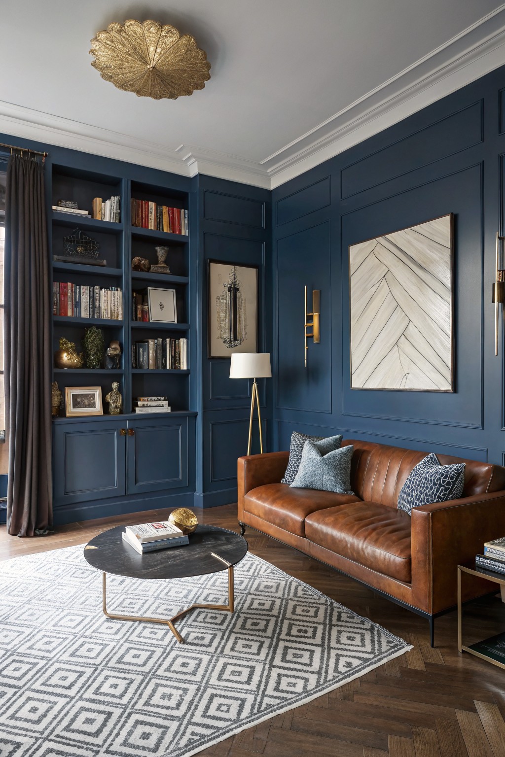 Cozy living room featuring deep navy paneled walls and cabinetry, tan leather sofa, brass accents, and herringbone wood floors