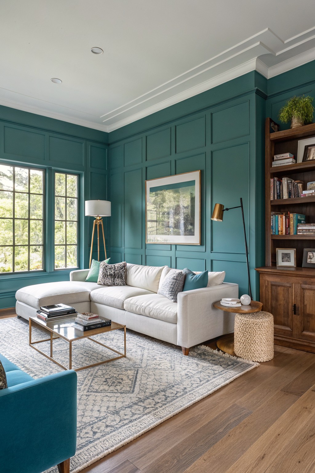 Living room featuring deep teal paneled walls, white L-shaped sofa, gold coffee table, woven rug, wood bookshelves, and large windows with tree views