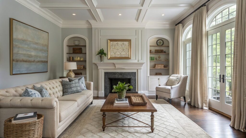 18 Elegant Living Room Paint Color Ideas That Upgrade Any Space Elegant living room featuring soft greige walls, cream tufted sofa facing a marble fireplace, wood coffee table, and large arched window with cream drapes