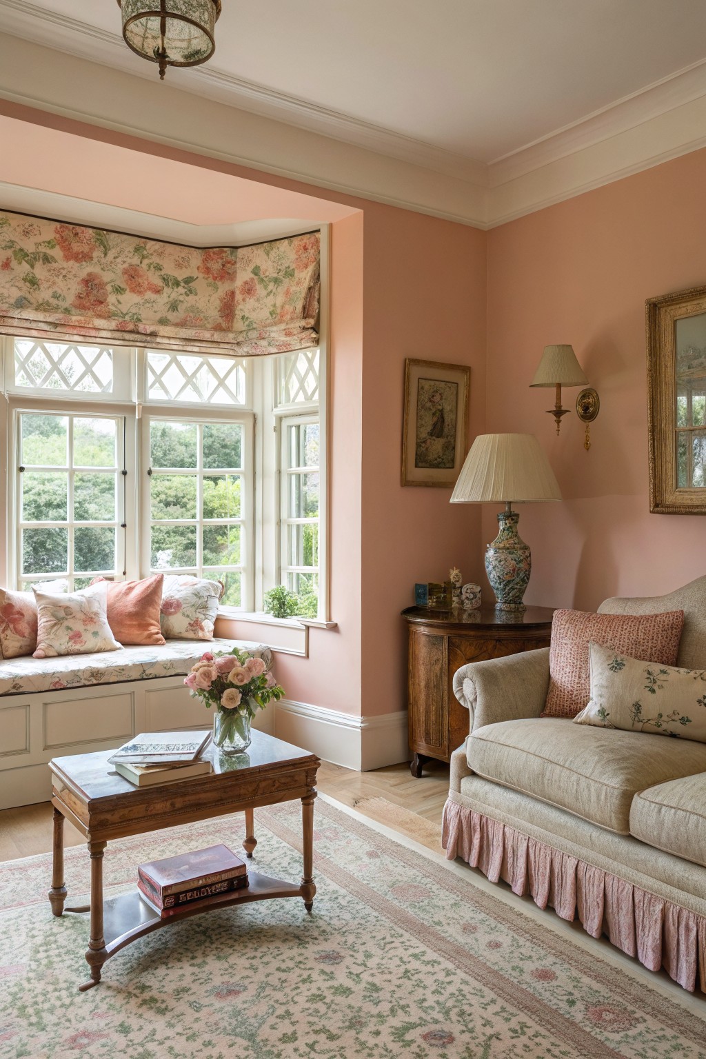 Cozy living room featuring soft blush pink walls, bay window seat with floral cushions, beige skirted sofa, wooden coffee table with books, and potted roses