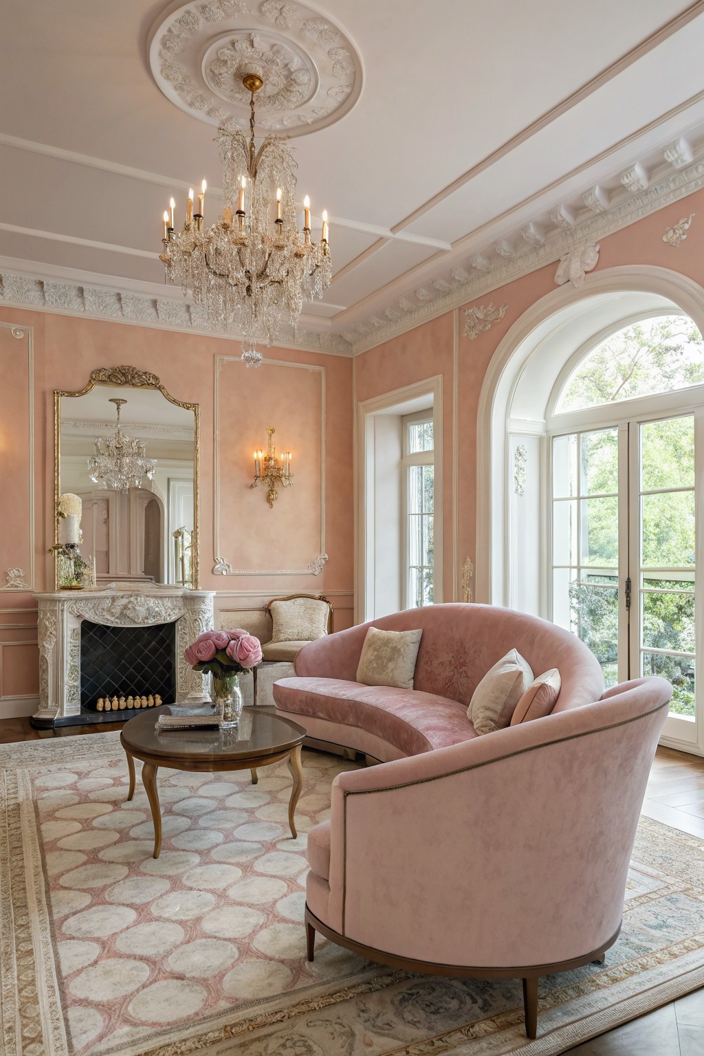 Elegant living room with blush pink walls, curved pink velvet sofa, marble fireplace, crystal chandelier, and arched windows