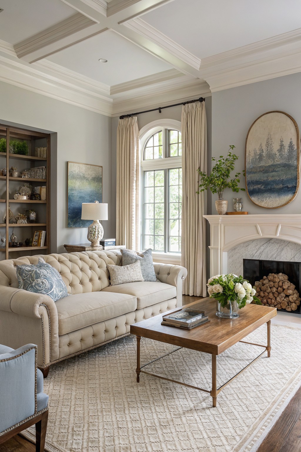 Elegant living room featuring soft greige walls, cream tufted sofa facing a marble fireplace, wood coffee table, and large arched window with cream drapes