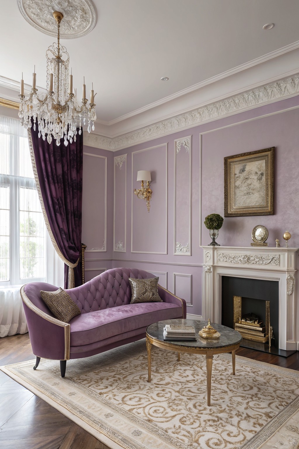 Elegant living room featuring soft lavender walls, purple velvet sofa, ornate chandelier, and white fireplace mantel