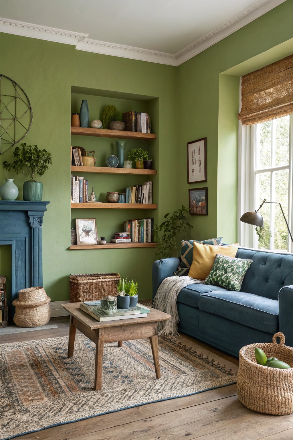 Cozy living room with muted sage green walls, wooden alcove shelves filled with books and plants, blue velvet sofa, and rattan accents