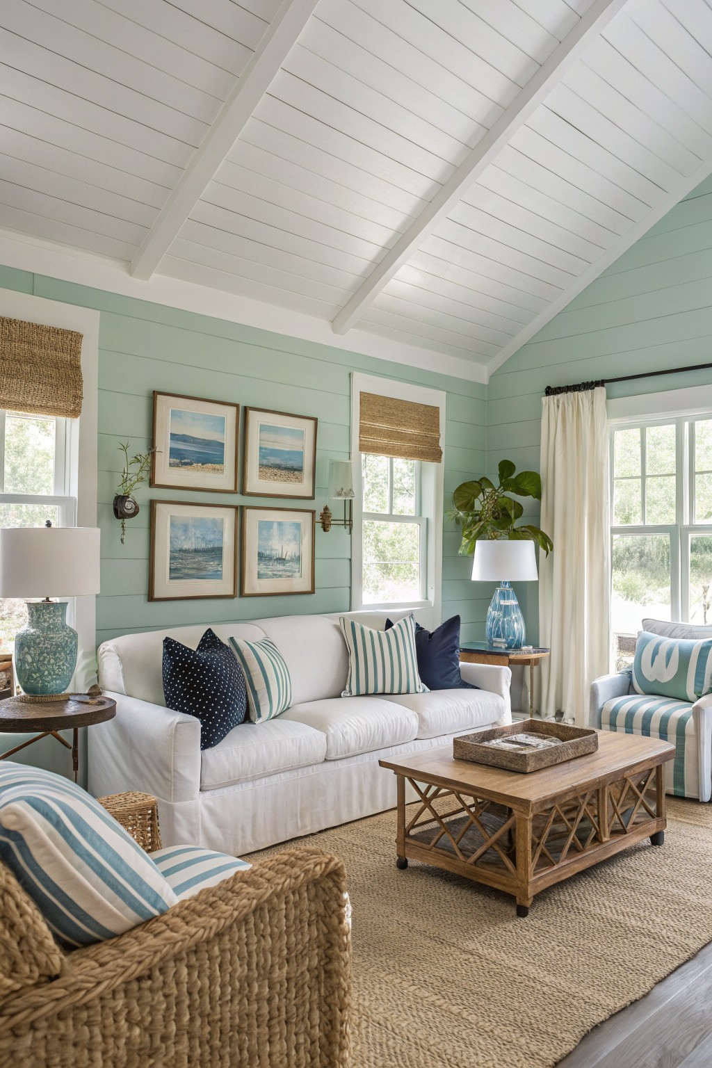 Living room with pale seafoam green shiplap walls, white sofa, woven chairs, and coastal artwork under a vaulted white ceiling