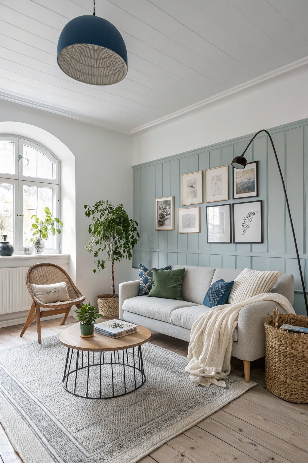 Living room with pale teal paneled accent wall, light gray sofa, rattan chair, plants, and woven rug on wood floors