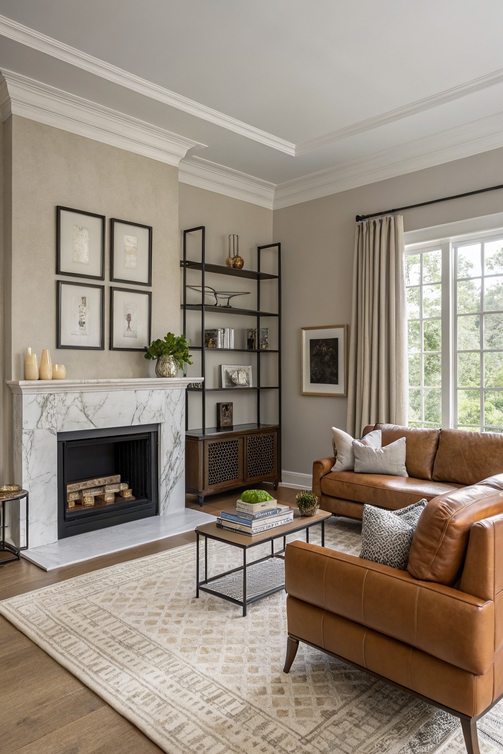 Living room with warm greige walls, marble fireplace, tan leather sofa, black metal shelving, and large window