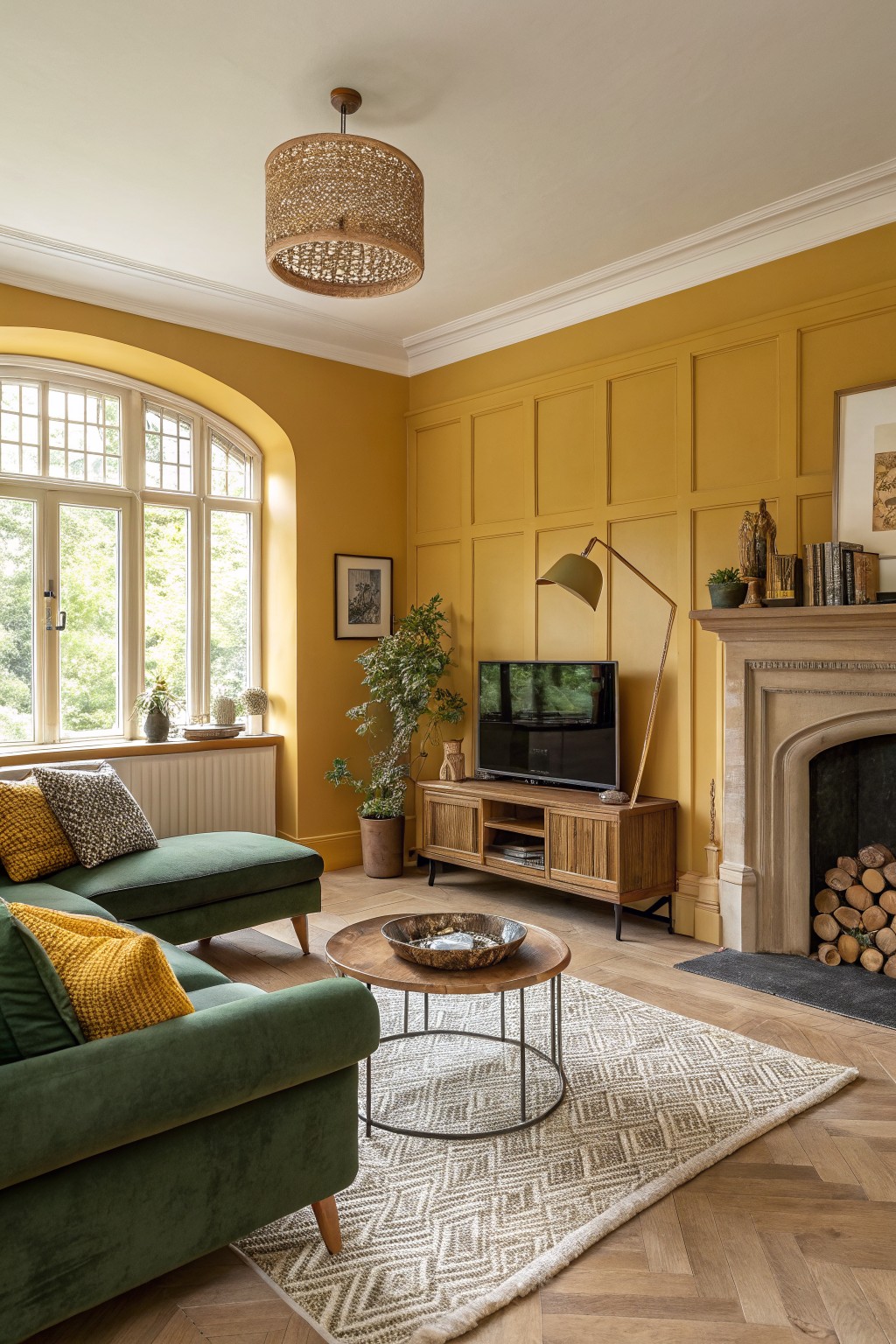 Cozy living room featuring warm mustard yellow paneled walls, green velvet sofas, wooden coffee table and TV stand, arched window with greenery outside, and stone fireplace with logs.