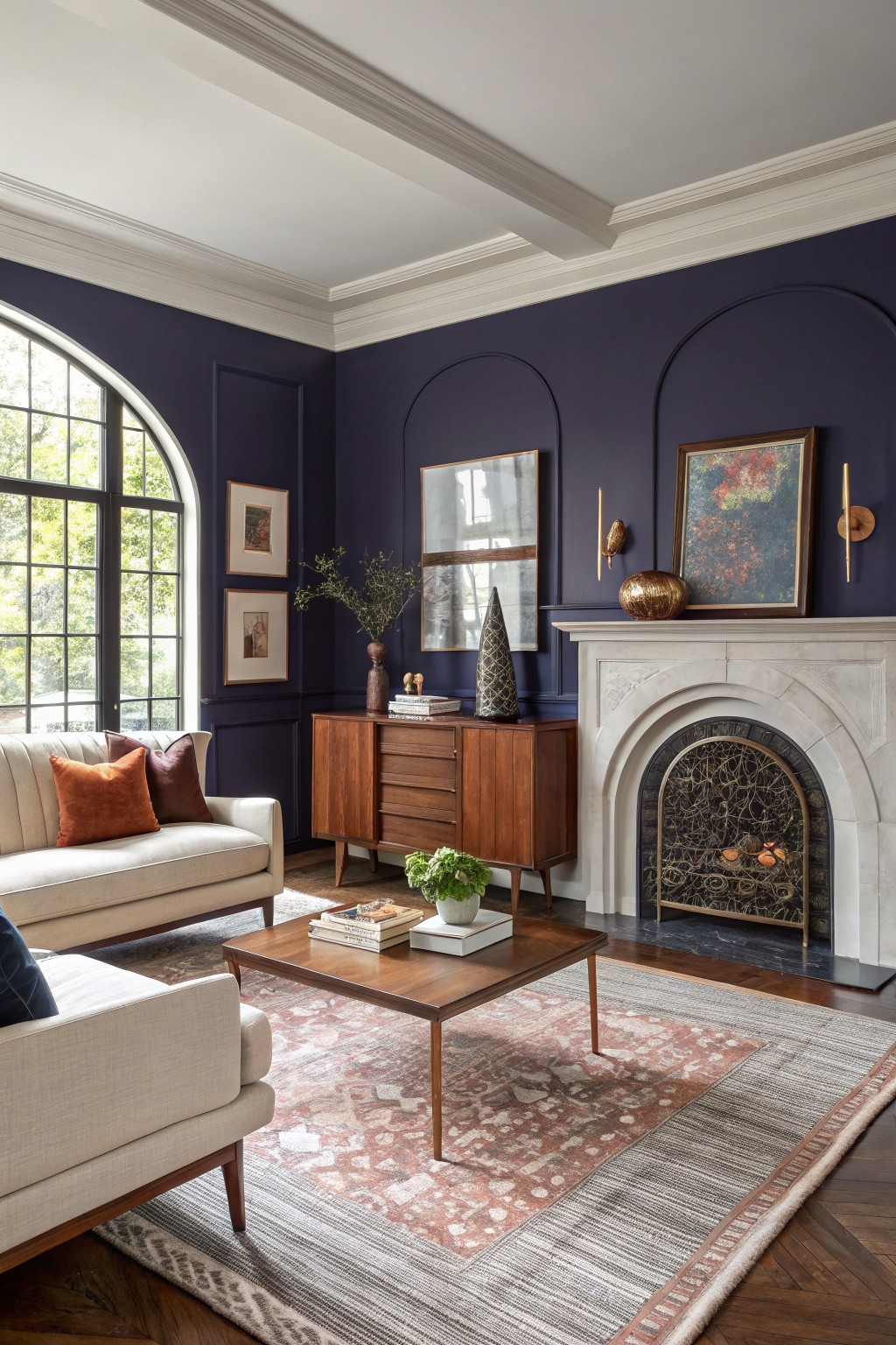 Living room featuring deep navy walls, arched windows, cream sofa, wood credenza, and stone fireplace with warm accents