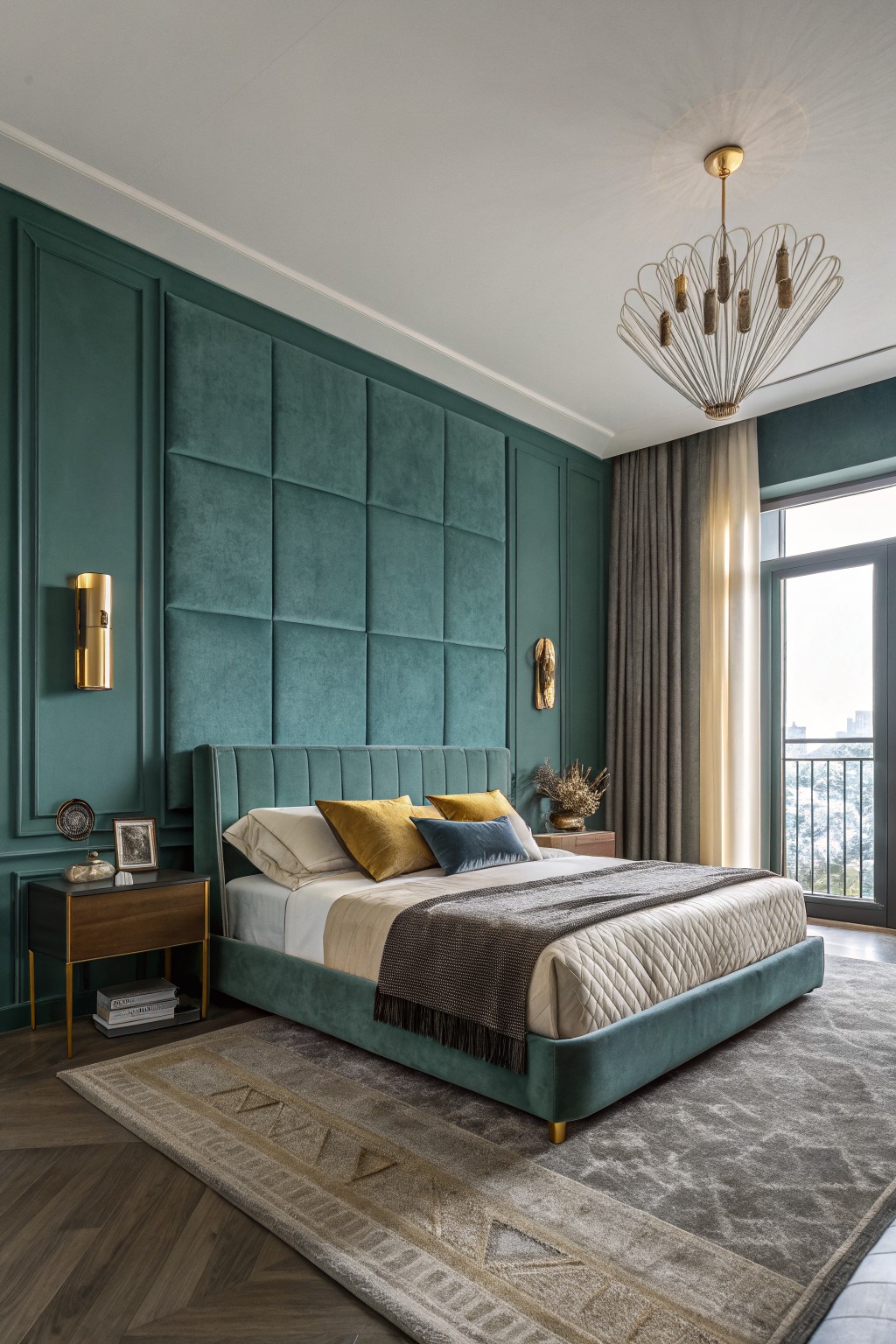 Elegant bedroom featuring deep emerald green velvet-tufted wall panels as headboard, gold wall sconces, plush king bed with layered bedding, herringbone wood floors, and balcony doors overlooking cityscape