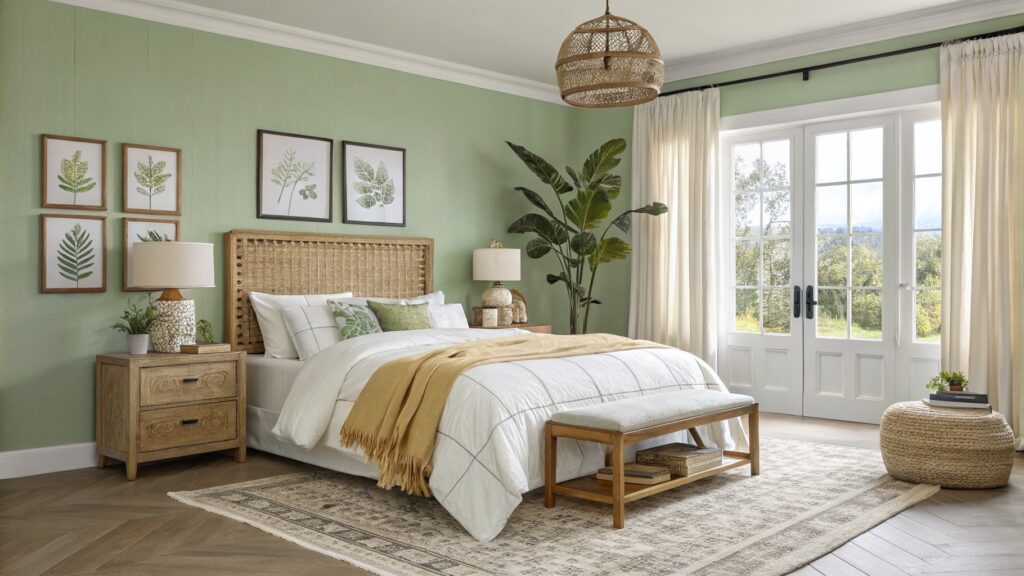 18 Elevated Whole Home Paint Color Ideas For Cohesive Style Bedroom featuring pale sage green walls, rattan bed frame, woven accents, potted plants, and sliding doors to outdoors