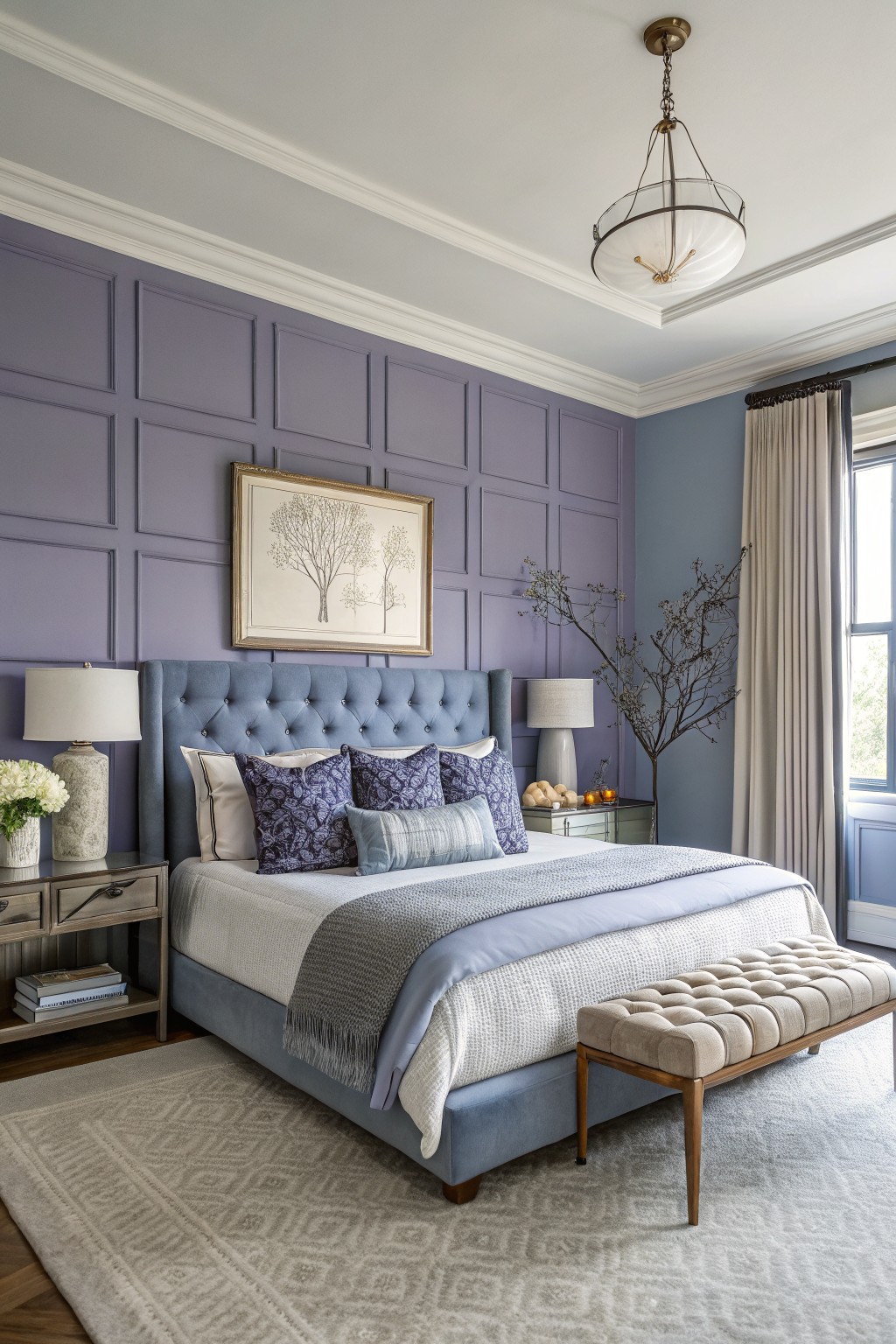 Cozy bedroom featuring muted purple paneled walls, tufted blue velvet headboard, layered neutral bedding, and bedside tables with lamps